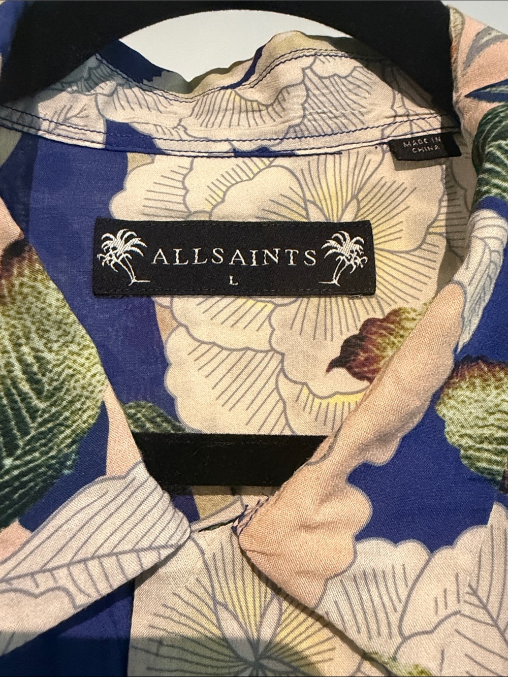 All Saints Men’s Floral Button-Down Shirt in Navy, Peach & Cream - Picture 2 of 3